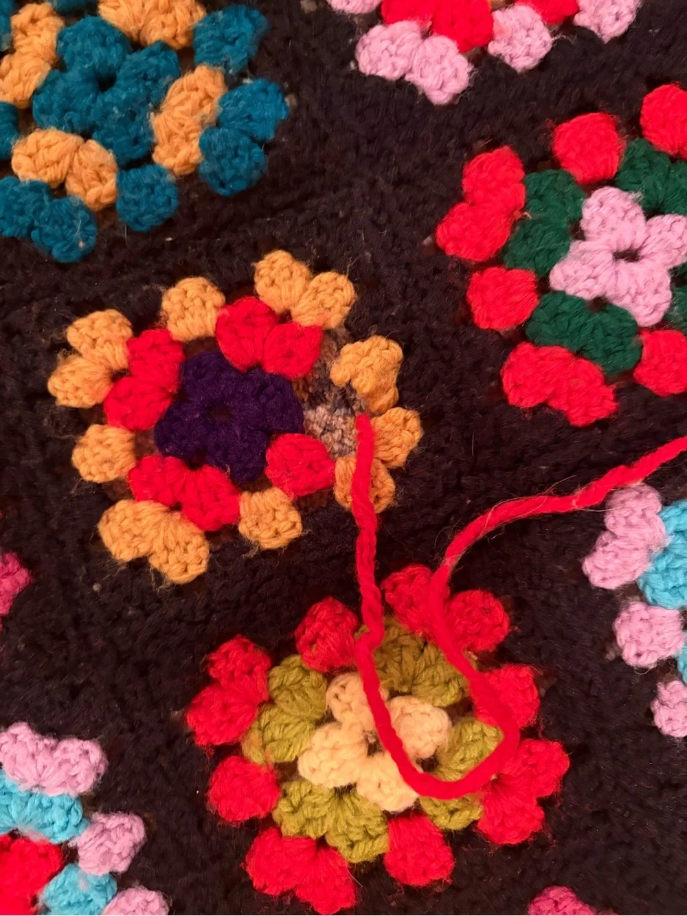 Vintage Granny Square Afghan Hand Crochet Multi-Color Black Blanket 81x51” Twin?